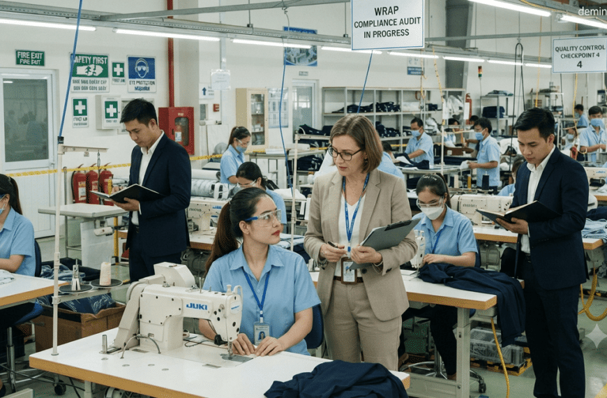 Professional auditors conducting a WRAP compliance audit inside a modern manufacturing facility, inspecting production lines, reviewing documents, and evaluating workplace safety.