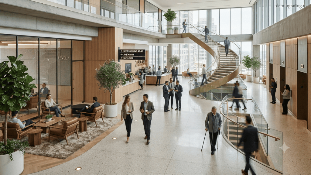 Circulation Spaces Modern commercial building lobby with optimized circulation space, wide pathways, natural lighting, indoor greenery, and people moving through an accessible architectural environment.