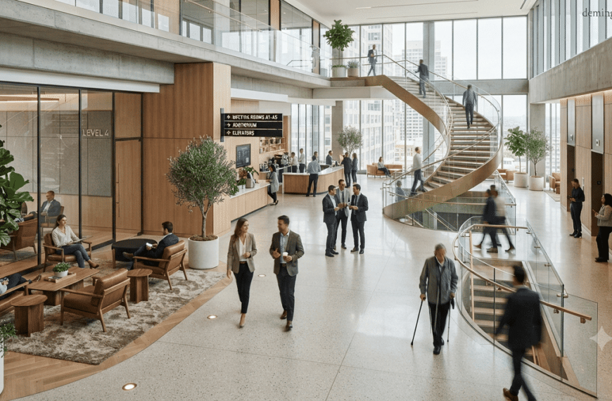 Circulation Spaces Modern commercial building lobby with optimized circulation space, wide pathways, natural lighting, indoor greenery, and people moving through an accessible architectural environment.