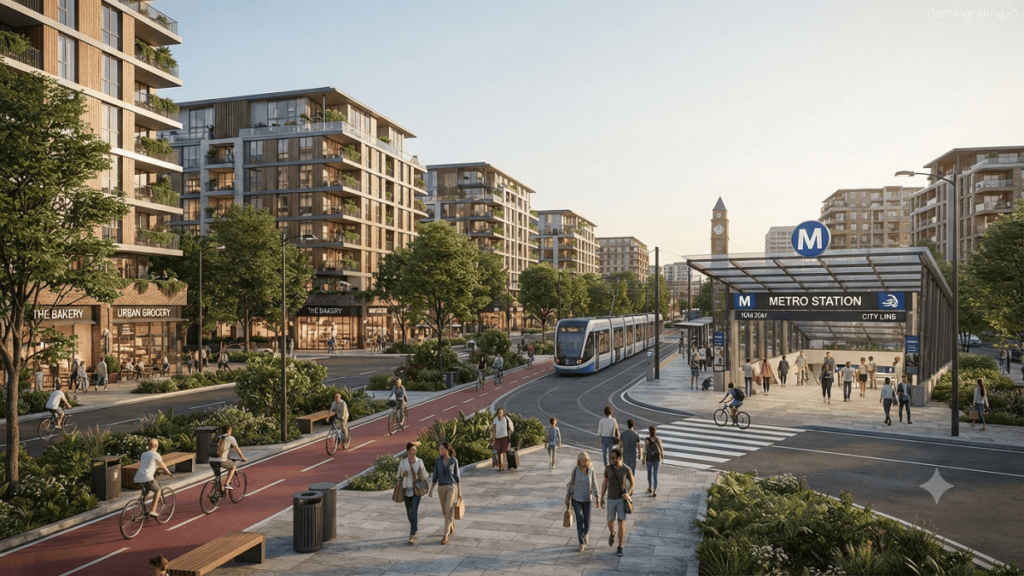 Public Transportation Proximity. Modern residential neighborhood with apartment buildings, pedestrian pathways, cycling lanes, and a metro station entrance within walking distance.