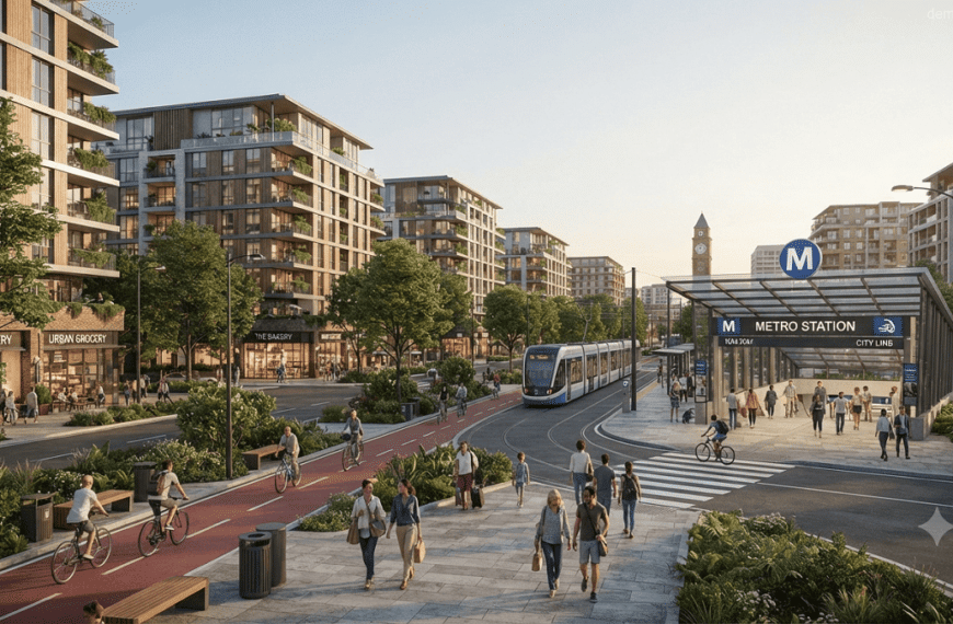 Public Transportation Proximity. Modern residential neighborhood with apartment buildings, pedestrian pathways, cycling lanes, and a metro station entrance within walking distance.