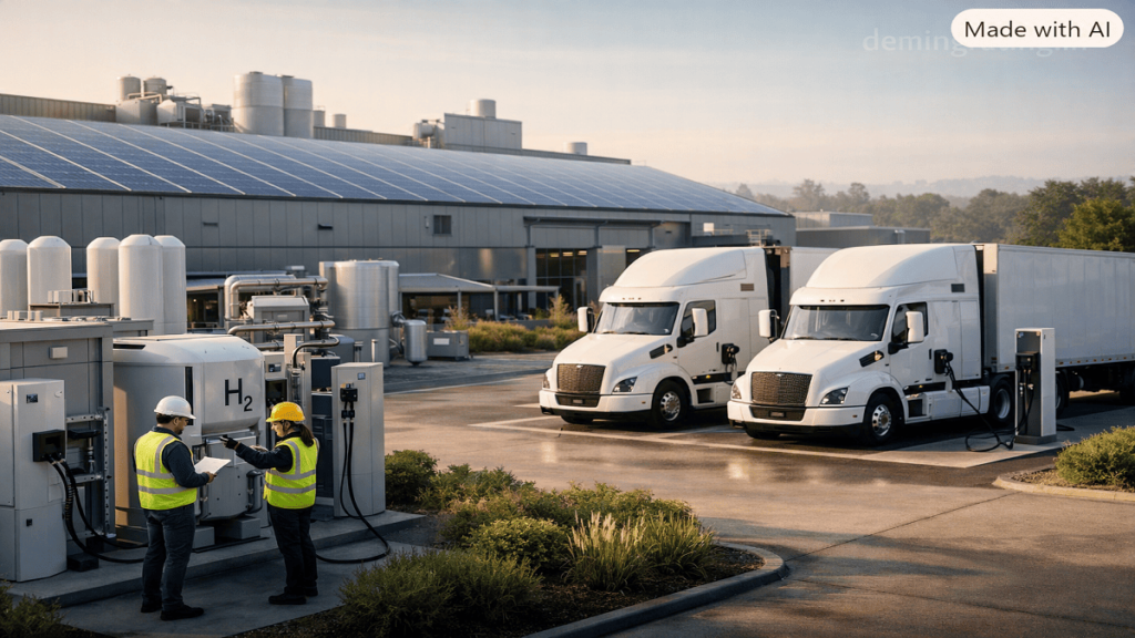 Modern low-carbon manufacturing facility with rooftop solar panels, electric trucks, and green landscaping.