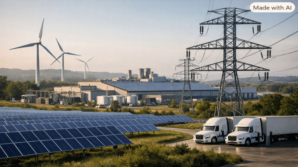 Modern manufacturing facility powered by electricity generated from remote solar and wind energy projects through renewable energy infrastructure.