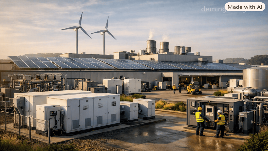 Industrial manufacturing facility using rooftop solar panels, wind turbines, and renewable energy systems for clean power generation.
