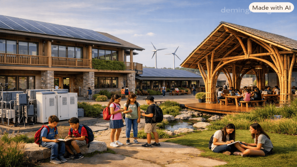 Students learning in a sustainable classroom with eco-friendly school materials, bamboo furniture, recycled supplies, and green educational design elements.