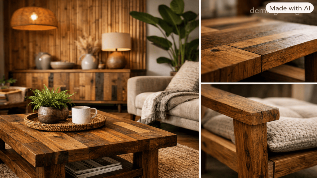 Eco-friendly interior featuring sustainable wooden furniture made from reclaimed wood, bamboo panels, and recycled wood-based materials with natural design elements.