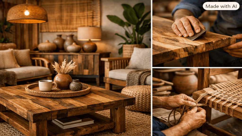 Eco-friendly interior featuring handcrafted furniture made from locally sourced wood, bamboo, natural fibers, and reclaimed materials.