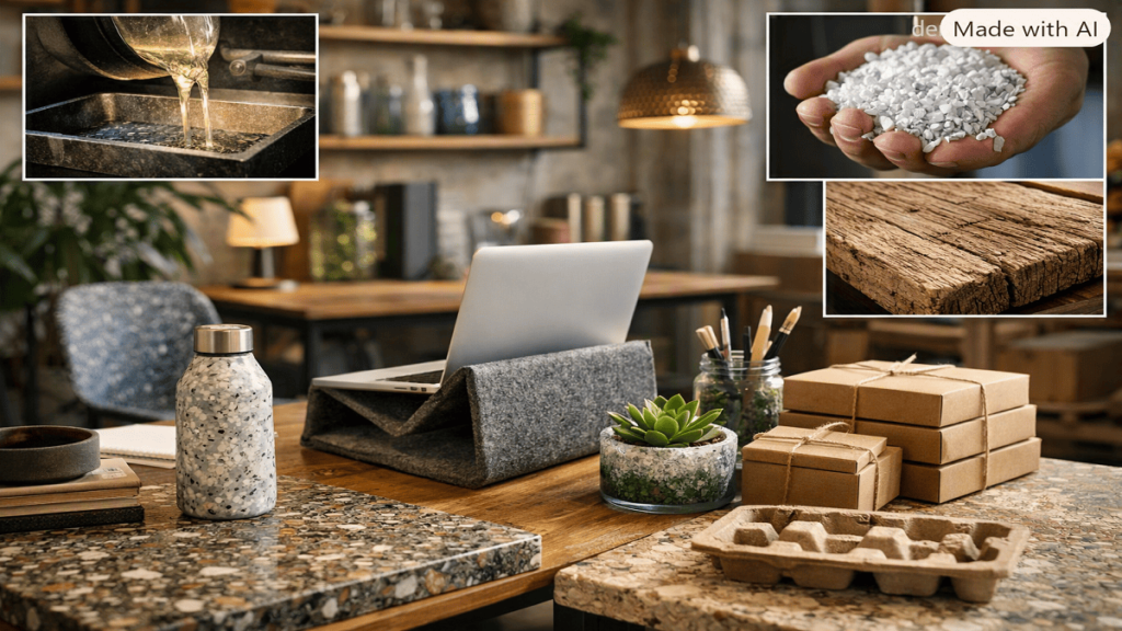 Materials with Recycled Content Eco-friendly products and furniture created using recycled wood, recycled plastics, recycled metals, and reclaimed materials in a modern workspace.