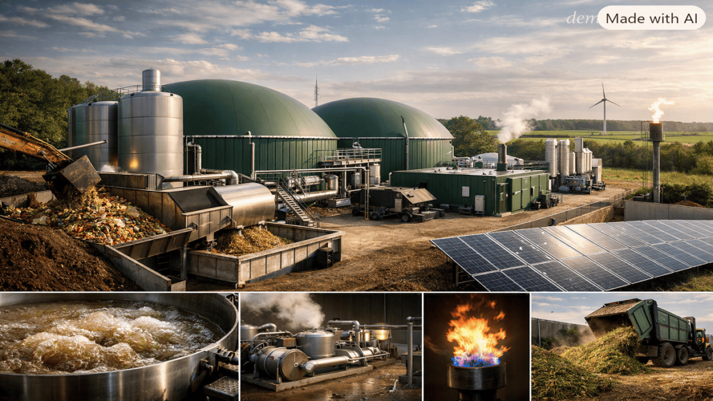 Modern organic waste management facility using anaerobic digestion systems to convert organic waste into renewable biogas energy.
