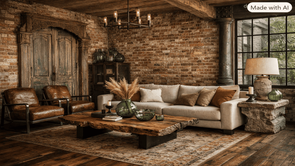 Salvaged Materials. Elegant sustainable living room with reclaimed hardwood flooring, salvaged brick wall, restored antique doors, reused metal accents, and recycled glass decor.