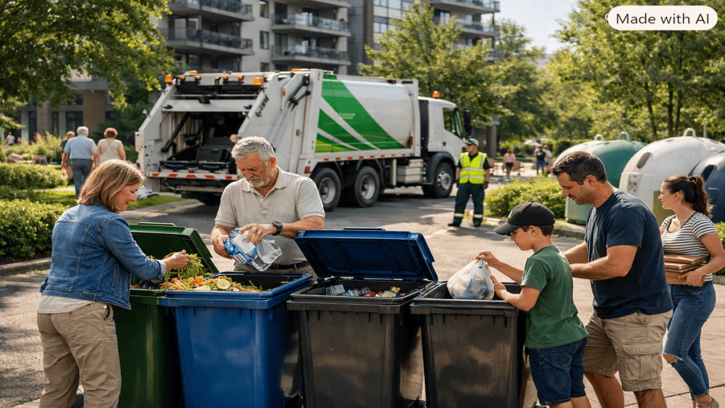 Residents separating organic waste, recyclable materials, and general waste into designated bins in a clean sustainable community environment.