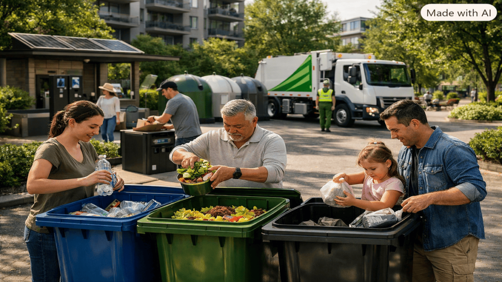 Community members practicing sustainable waste management by separating recyclable materials, organic waste, and general waste in an eco-friendly urban environment.