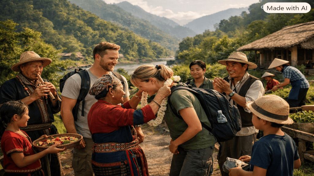 Local community members engaging with eco-tourists through cultural activities and sustainable rural tourism experiences.
