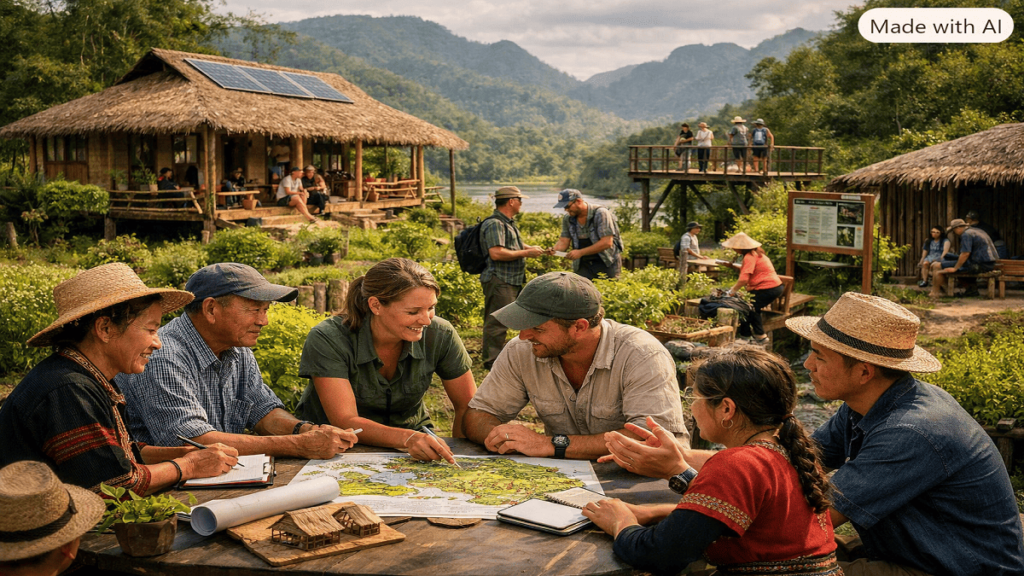 Eco-Tour Design. Local communities and travelers participating in a sustainable eco-tour development project with eco-friendly infrastructure and natural surroundings.