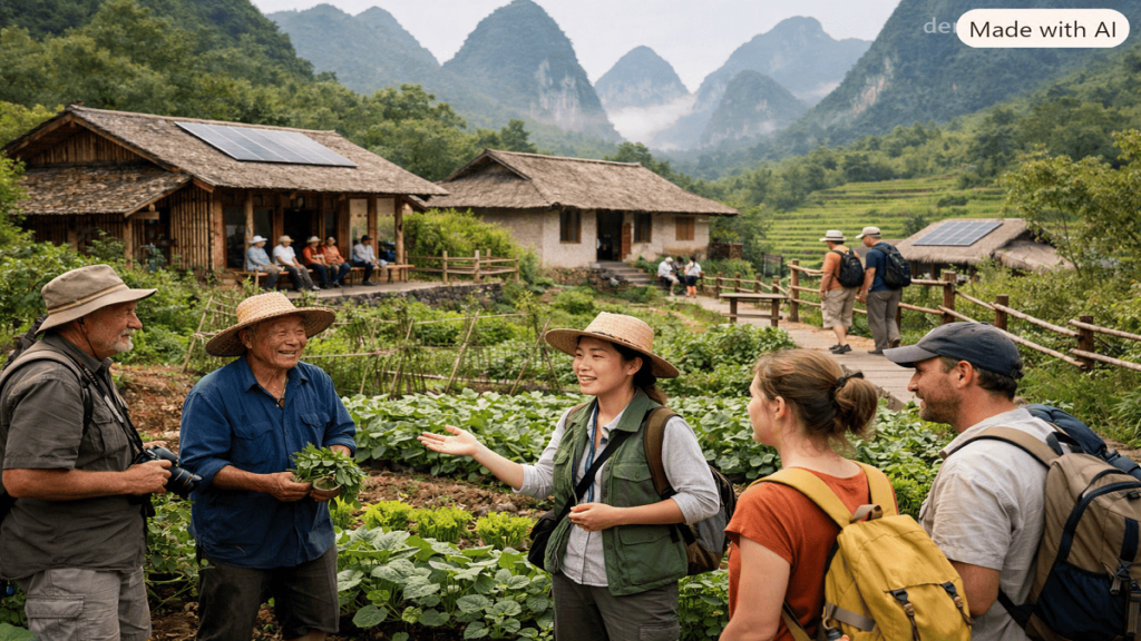 Local communities and travelers participating in sustainable eco-tourism activities in a rural Chinese landscape.