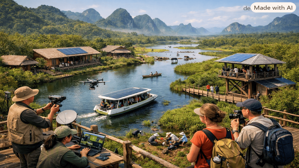 Eco-Tour Innovation. An eco-tourism destination with protected landscapes, electric boats, wildlife conservation areas, and researchers using technology to monitor biodiversity.