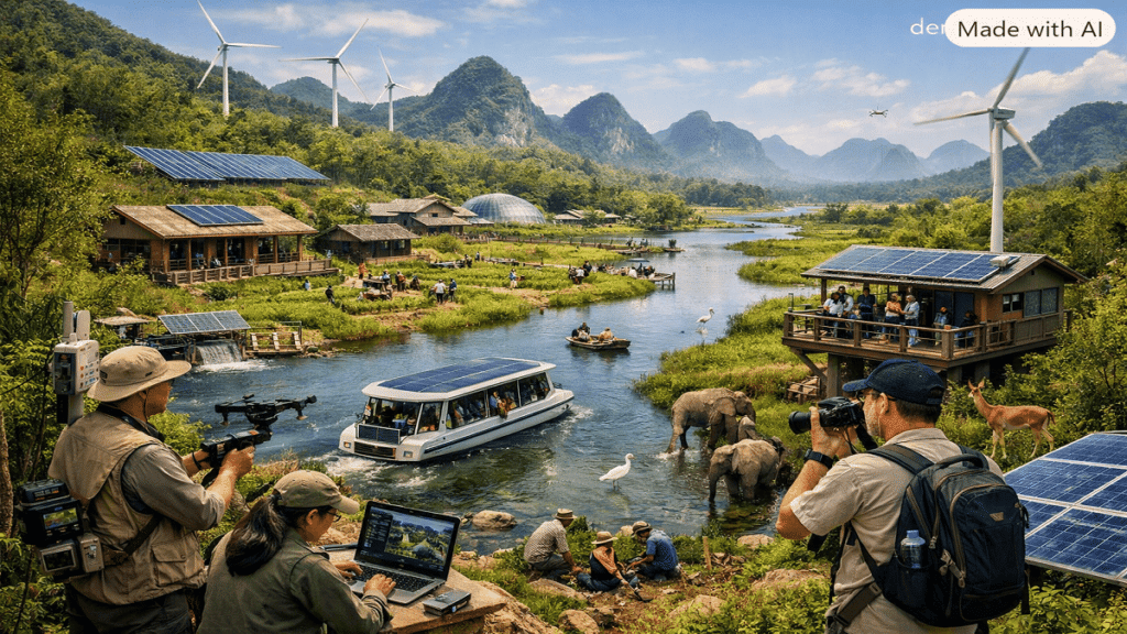 Future of environmental protection. A sustainable ecosystem with renewable energy, protected forests, wildlife conservation areas, and researchers using environmental technology.