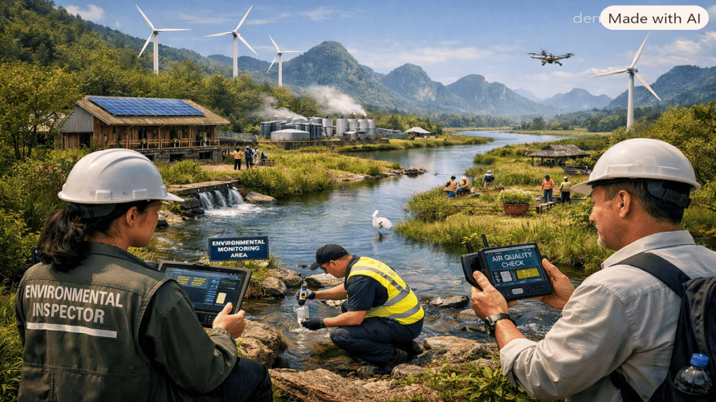 Environmental professionals using digital monitoring technology near a protected natural area with renewable energy infrastructure.