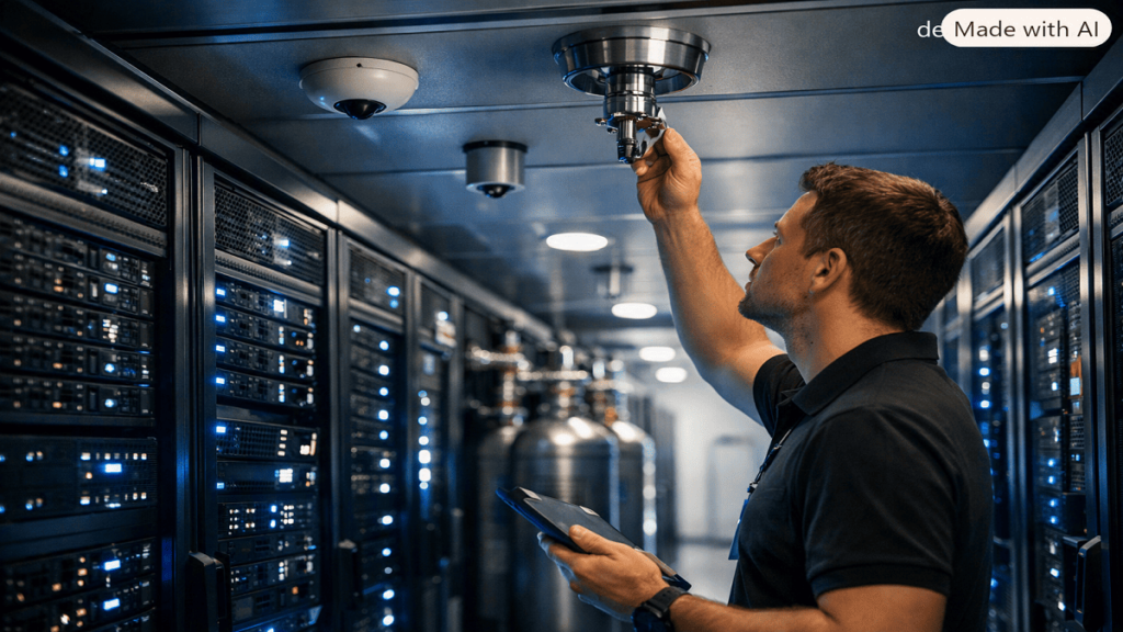 Modern data center protected by eco-friendly clean-agent and inert-gas fire suppression system with server racks and ceiling-mounted nozzles.