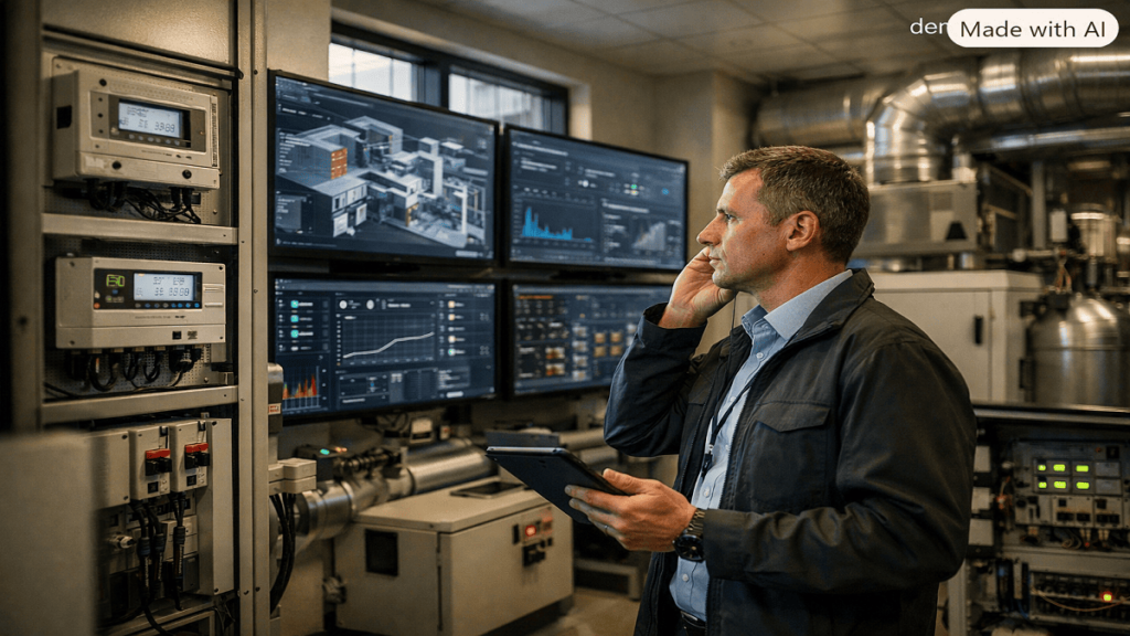 Energy Metering. Modern smart building with energy meters, digital monitoring systems, and facility manager analyzing electricity consumption data.