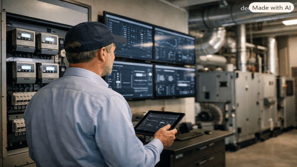 Energy Metering. Modern smart building with energy meters, digital monitoring systems, and facility manager analyzing electricity consumption data.