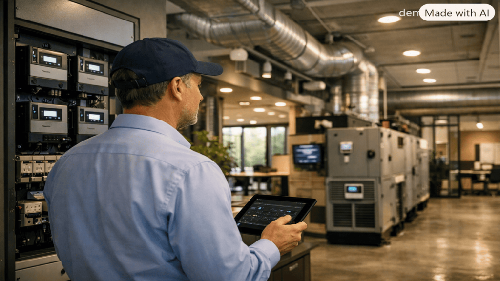 Smart commercial building equipped with energy-efficient systems, digital meters, and automated controls for improved energy performance.