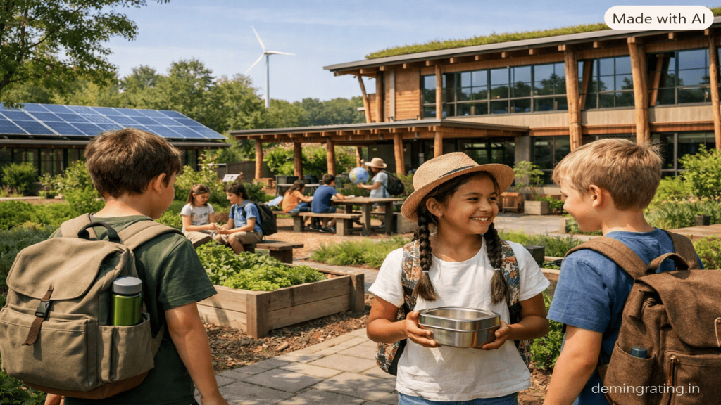 Eco-friendly school campus featuring sustainable construction materials, solar panels, green spaces, and students using reusable school products.