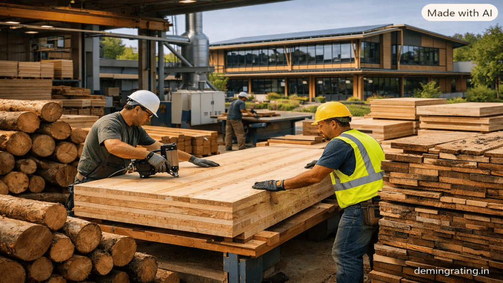 Workers producing sustainable wood-based materials in an eco-friendly manufacturing facility with engineered wood products and green construction elements.