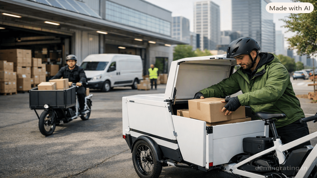 Electric cargo bikes used for sustainable delivery operations with workers and green logistics infrastructure.