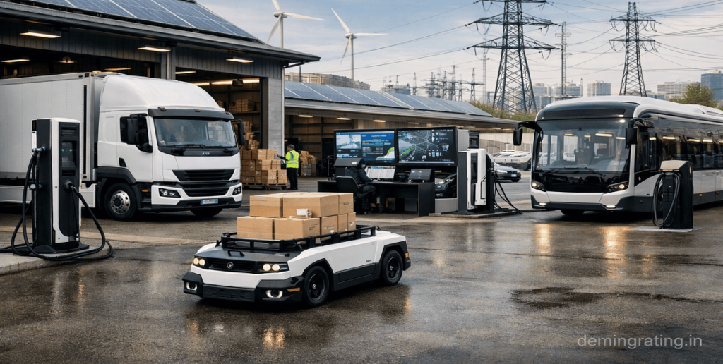Electric trucks, buses, and autonomous industrial vehicles operating with smart charging infrastructure in a modern sustainable industrial environment.