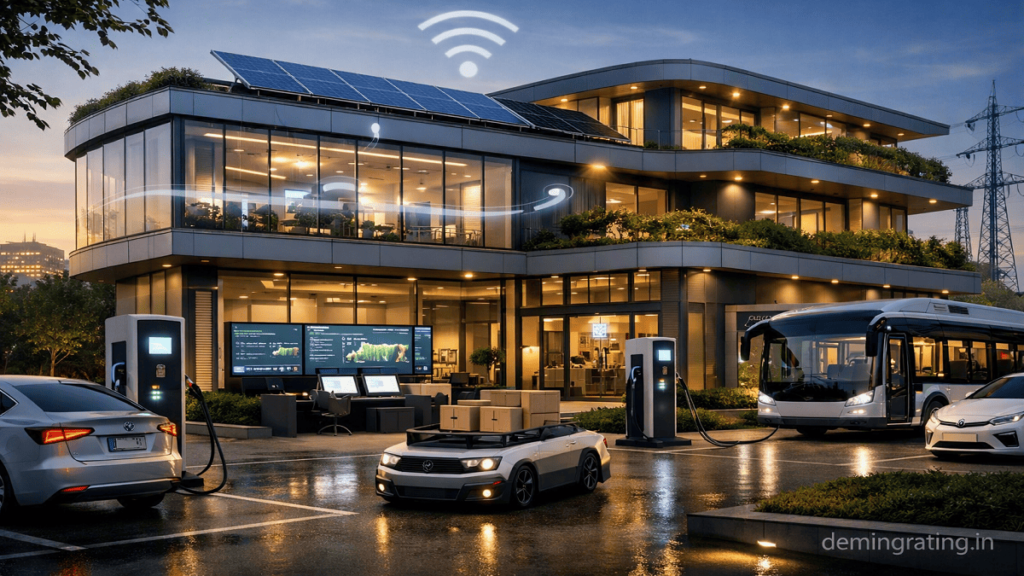Energy Efficiency. Modern smart building featuring solar panels, energy-efficient systems, electric vehicle charging, and intelligent energy management technology.
