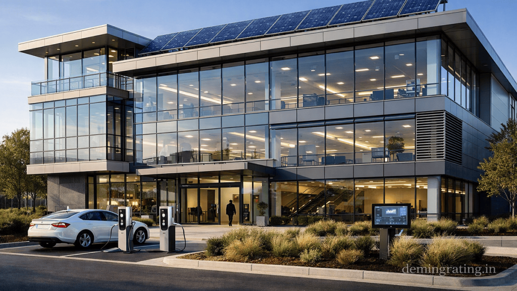 Smart sustainable building equipped with energy-efficient systems, renewable energy technology, and automated energy management solutions.
