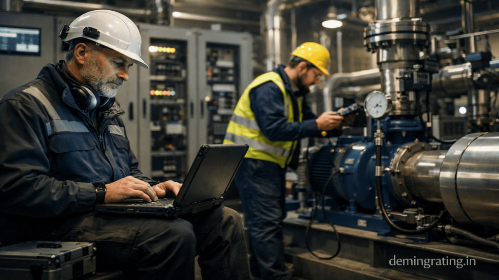Commissioning Plan. Engineers performing commissioning and equipment testing inside a modern industrial facility.