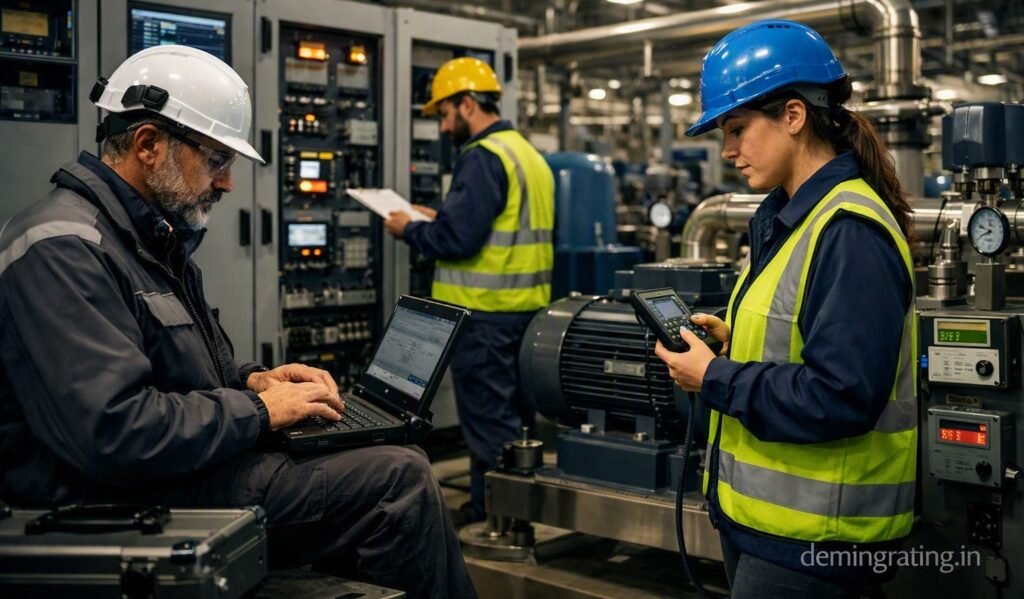 Engineers monitoring industrial energy performance using an Energy Management System.