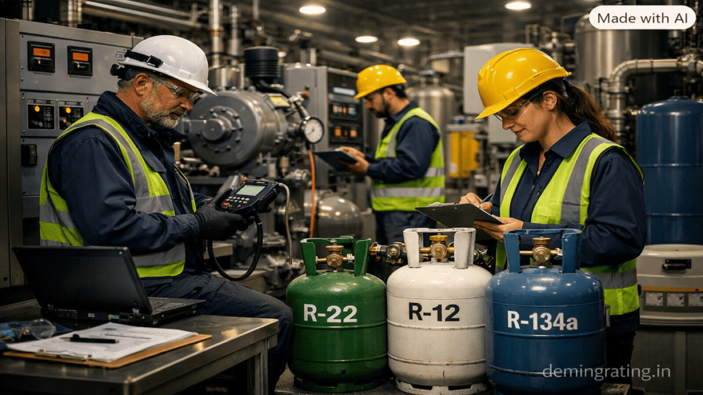 Environmental engineers managing ozone-depleting substances in an industrial facility.