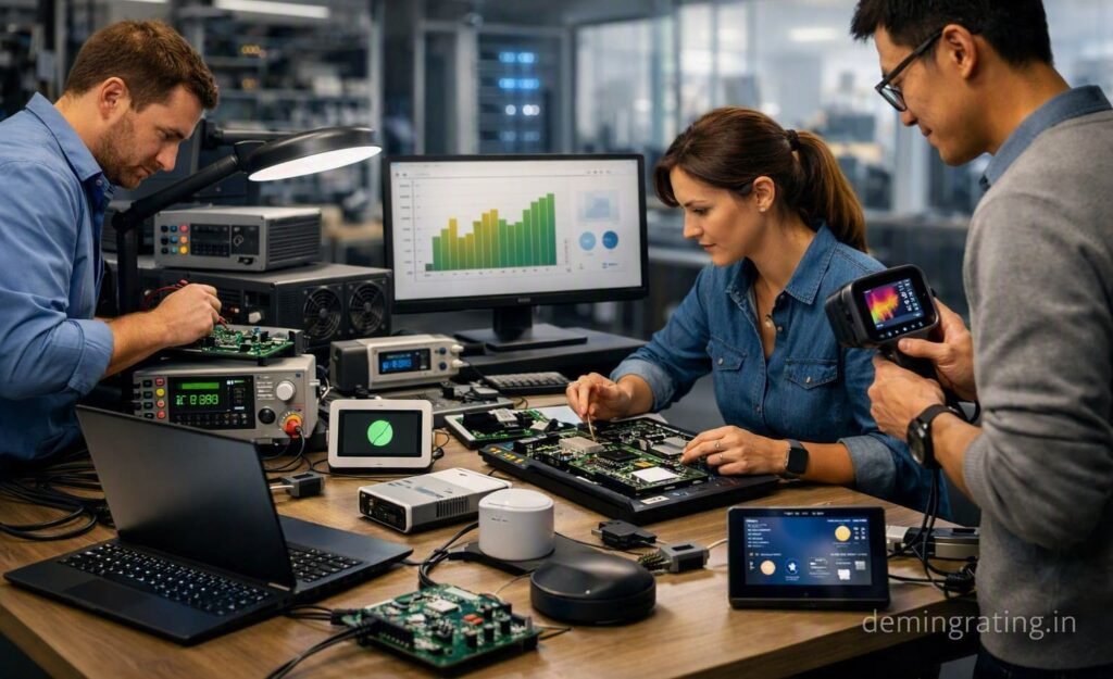 Energy star. Engineers developing and testing energy-efficient consumer electronics in a technology facility