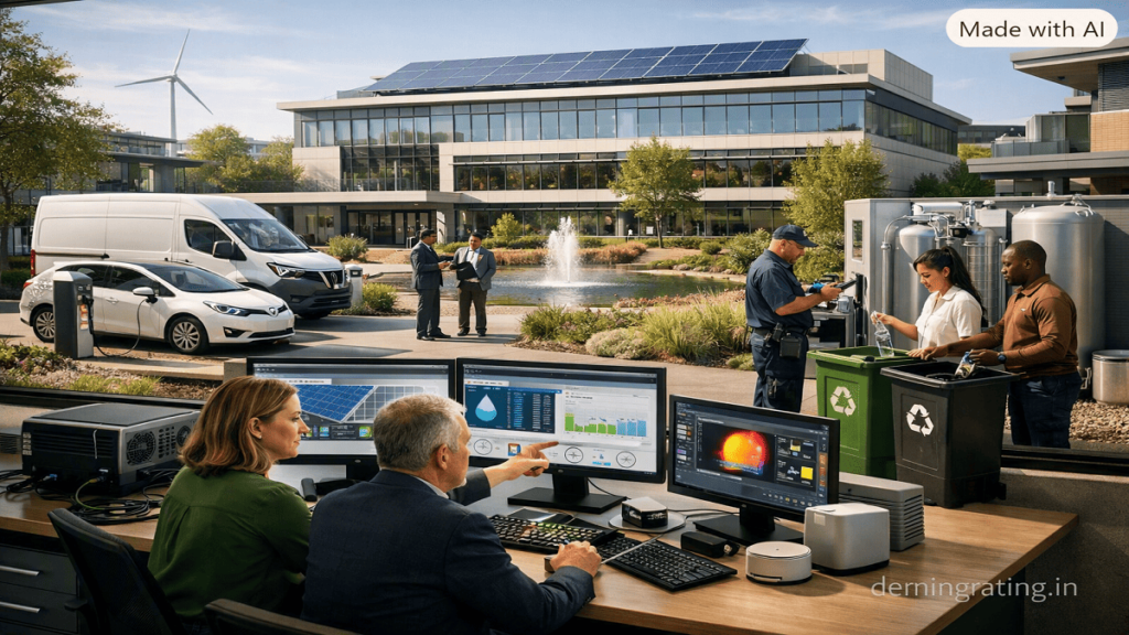 Enterprise Sustainability Program. Employees managing sustainability initiatives across a modern energy-efficient corporate campus