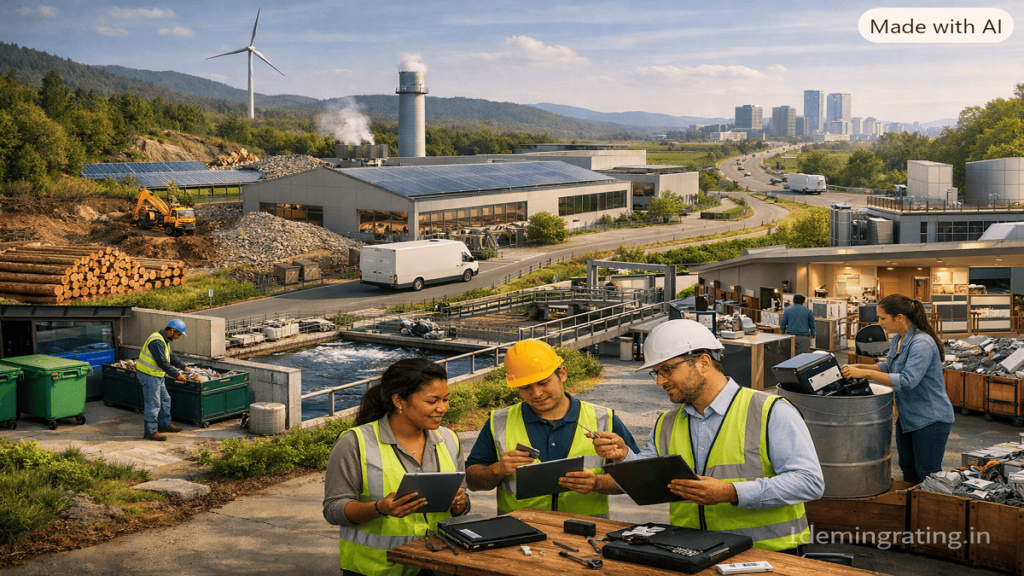 Sustainable product life cycle showing responsible materials, renewable energy, manufacturing, transportation, product repair, reuse, and recycling.