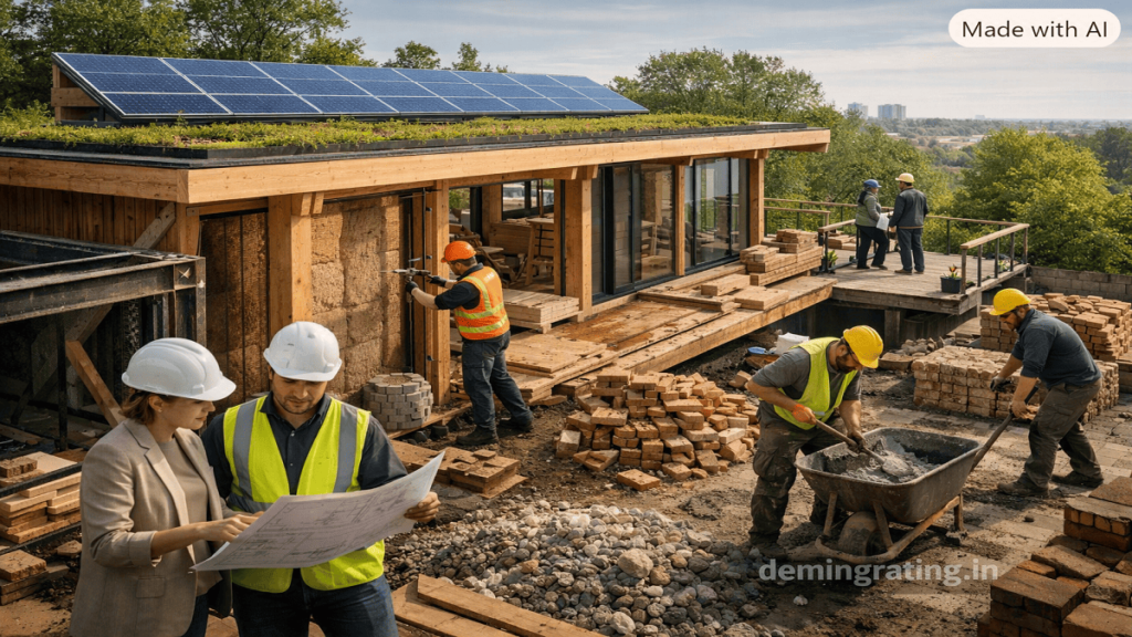Construction workers using recycled steel, reclaimed materials, sustainable timber, and low-carbon concrete in an energy-efficient building.