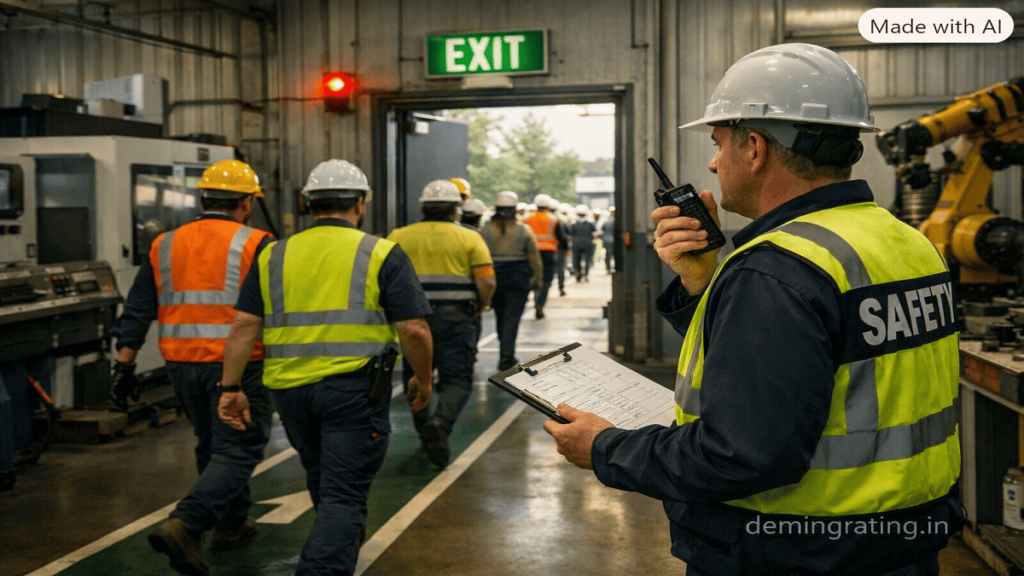 Industrial workers following emergency evacuation procedures toward marked exits during a safety drill.