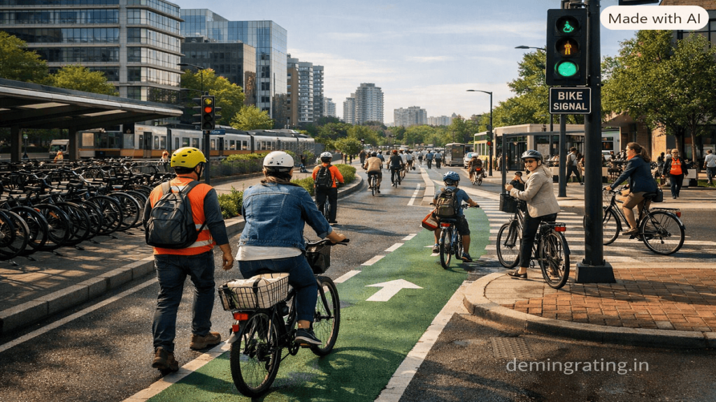 Cycling Networks. Continuous protected bicycle lanes connecting homes, schools, offices, and transit stations in a modern city.