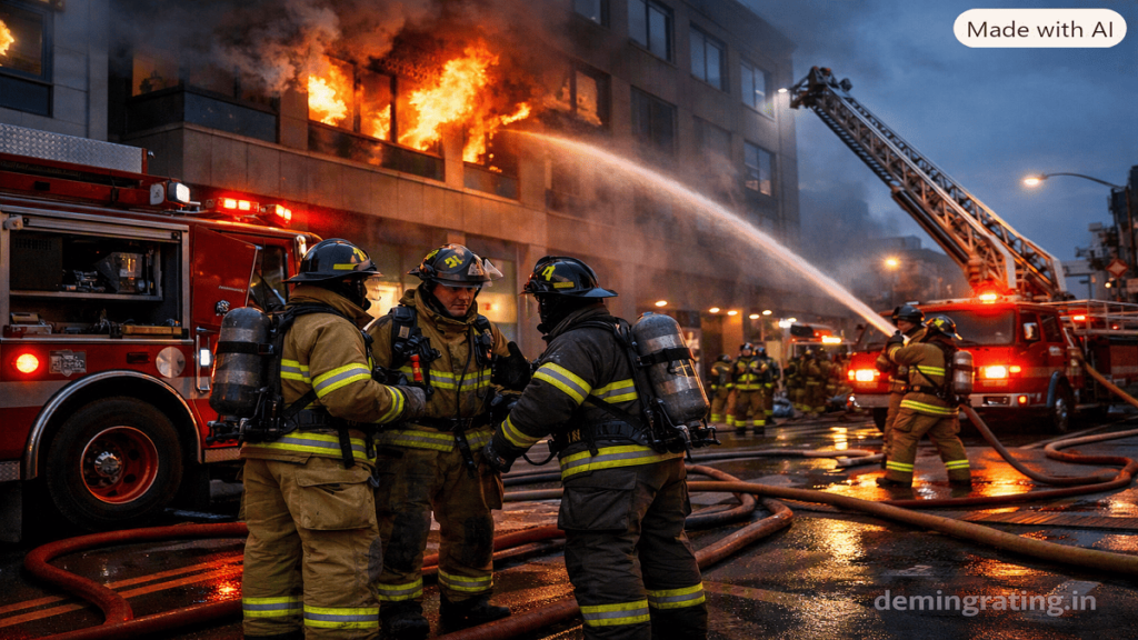 Firefighting. Firefighters responding to a commercial building fire with hoses and emergency vehicles