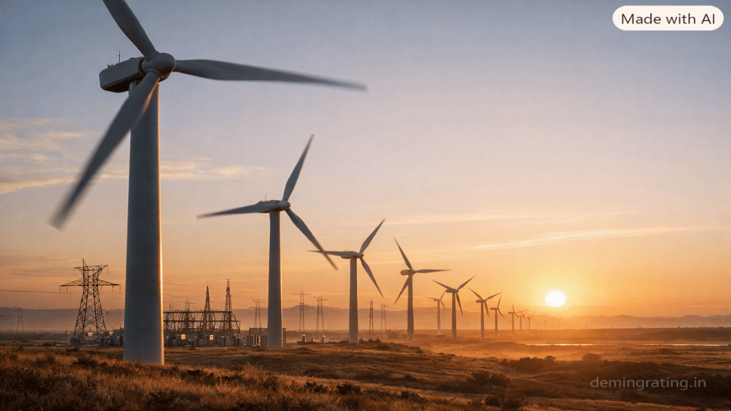 Geothermal and Wind Power. Large wind farm generating renewable electricity across an open landscape