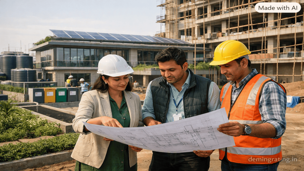 GGBC Compliance. Construction professionals reviewing green-building compliance at a sustainable building project