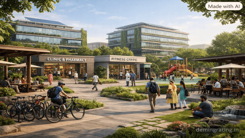 GGBC Basic Amenities. Sustainable green building campus with pedestrian pathways, cafeteria, pharmacy, medical clinic, fitness centre, bicycle parking, and landscaped community spaces.