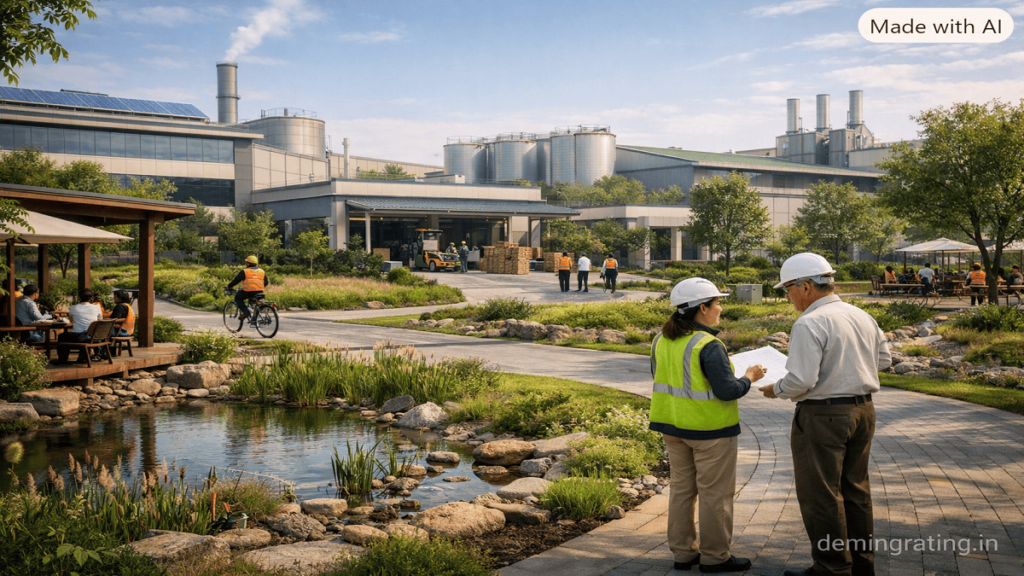 GGBC . Sustainable factory campus developed on a remediated contaminated site with green landscaping, pedestrian routes, and environmental infrastructure.