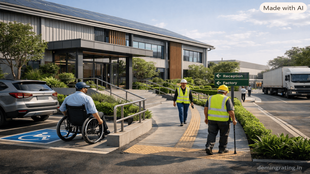 GGBC . Accessible green factory campus with barrier-free pathways, ramp, accessible parking, and diverse industrial workers.