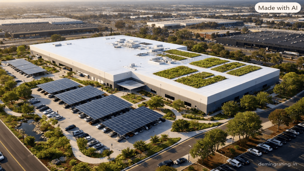 GGBC Sustainable commercial and industrial buildings featuring reflective roofs, green roofs, shaded parking, solar canopies, trees, and cool paving to reduce the heat island effect.