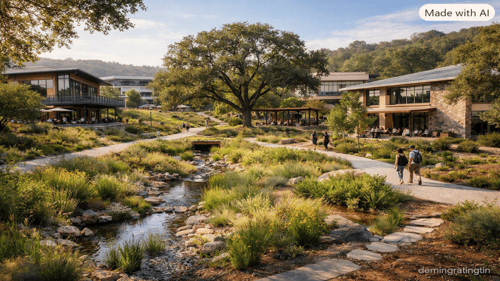 GGBC  Sustainable buildings integrated with natural topography, mature vegetation, landscaped areas, rain gardens, and green infrastructure.