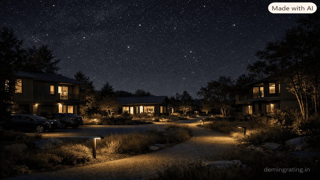 GGBC Sustainable buildings at night using shielded outdoor lighting to reduce glare, light spill, and night sky pollution.